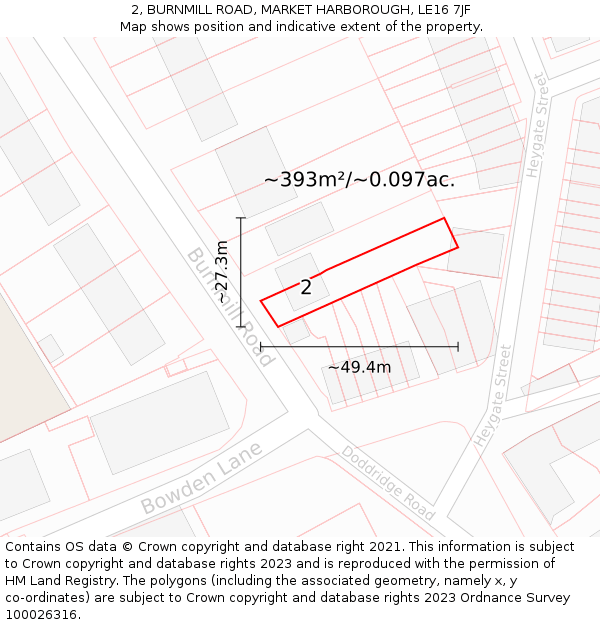 2, BURNMILL ROAD, MARKET HARBOROUGH, LE16 7JF: Plot and title map