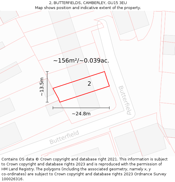 2, BUTTERFIELDS, CAMBERLEY, GU15 3EU: Plot and title map
