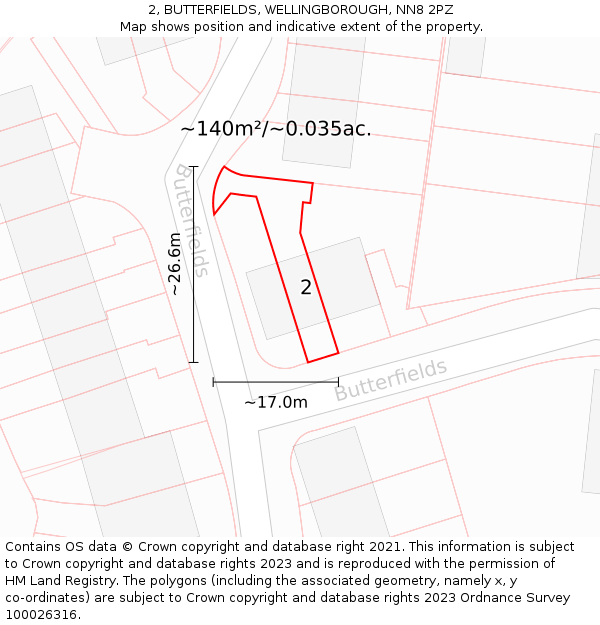2, BUTTERFIELDS, WELLINGBOROUGH, NN8 2PZ: Plot and title map