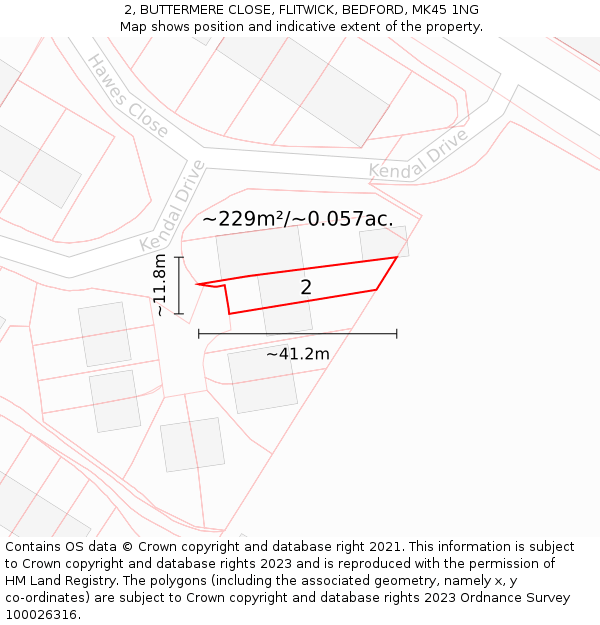 2, BUTTERMERE CLOSE, FLITWICK, BEDFORD, MK45 1NG: Plot and title map