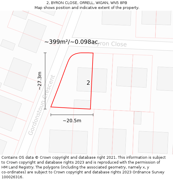 2, BYRON CLOSE, ORRELL, WIGAN, WN5 8PB: Plot and title map