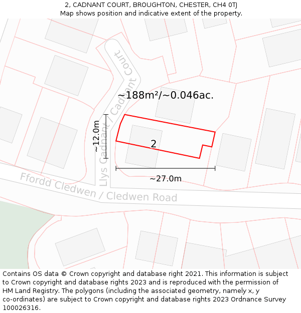 2, CADNANT COURT, BROUGHTON, CHESTER, CH4 0TJ: Plot and title map