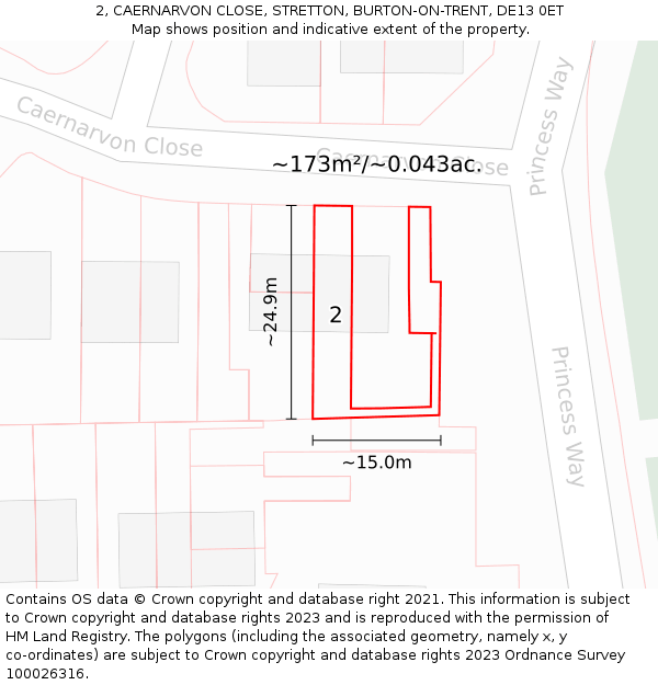 2, CAERNARVON CLOSE, STRETTON, BURTON-ON-TRENT, DE13 0ET: Plot and title map