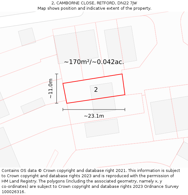 2, CAMBORNE CLOSE, RETFORD, DN22 7JW: Plot and title map