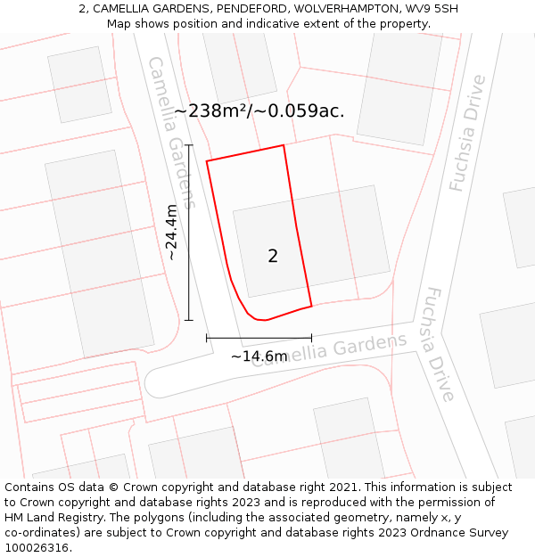 2, CAMELLIA GARDENS, PENDEFORD, WOLVERHAMPTON, WV9 5SH: Plot and title map