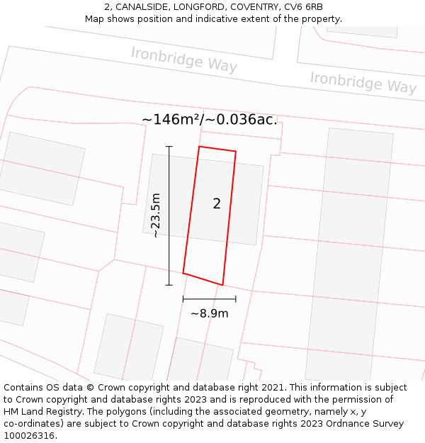 2, CANALSIDE, LONGFORD, COVENTRY, CV6 6RB: Plot and title map