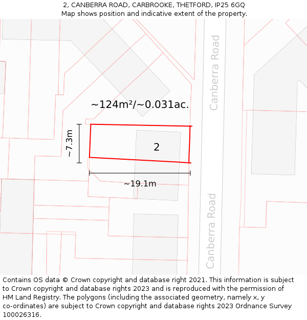 2, CANBERRA ROAD, CARBROOKE, THETFORD, IP25 6GQ: Plot and title map