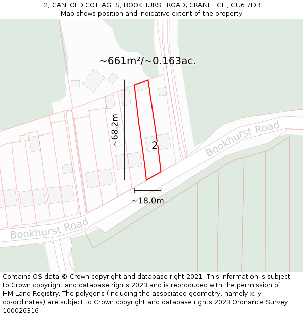 2, CANFOLD COTTAGES, BOOKHURST ROAD, CRANLEIGH, GU6 7DR: Plot and title map