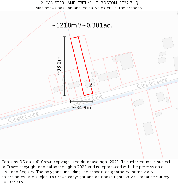 2, CANISTER LANE, FRITHVILLE, BOSTON, PE22 7HQ: Plot and title map