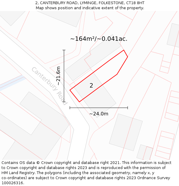 2, CANTERBURY ROAD, LYMINGE, FOLKESTONE, CT18 8HT: Plot and title map