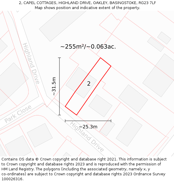 2, CAPEL COTTAGES, HIGHLAND DRIVE, OAKLEY, BASINGSTOKE, RG23 7LF: Plot and title map