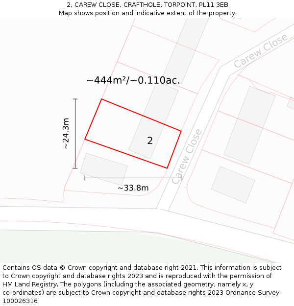 2, CAREW CLOSE, CRAFTHOLE, TORPOINT, PL11 3EB: Plot and title map