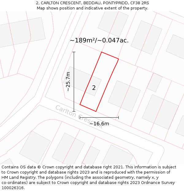 2, CARLTON CRESCENT, BEDDAU, PONTYPRIDD, CF38 2RS: Plot and title map