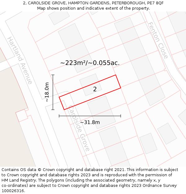 2, CAROLSIDE GROVE, HAMPTON GARDENS, PETERBOROUGH, PE7 8QF: Plot and title map