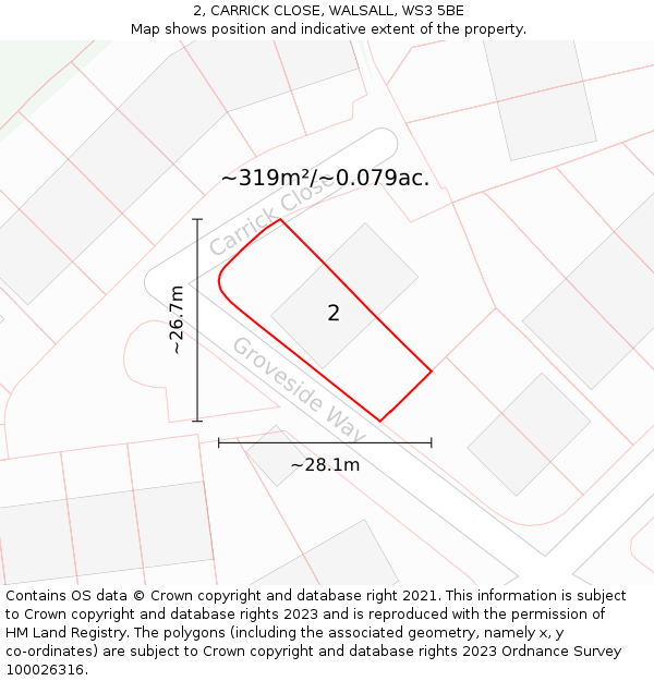 2, CARRICK CLOSE, WALSALL, WS3 5BE: Plot and title map