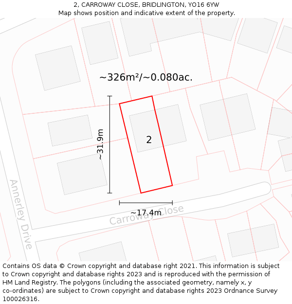 2, CARROWAY CLOSE, BRIDLINGTON, YO16 6YW: Plot and title map