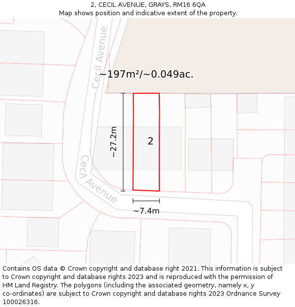 2, CECIL AVENUE, GRAYS, RM16 6QA: Plot and title map