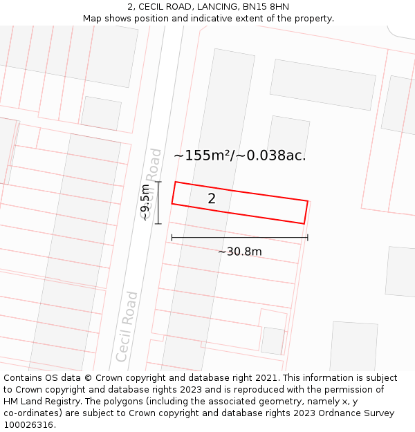 2, CECIL ROAD, LANCING, BN15 8HN: Plot and title map