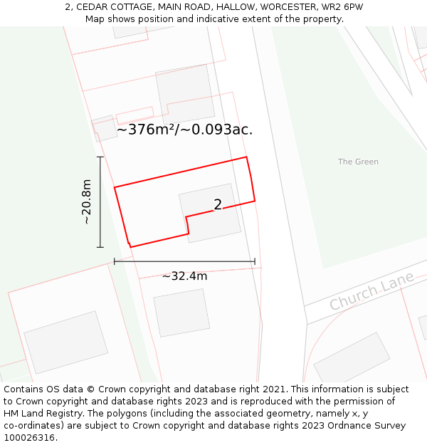 2, CEDAR COTTAGE, MAIN ROAD, HALLOW, WORCESTER, WR2 6PW: Plot and title map