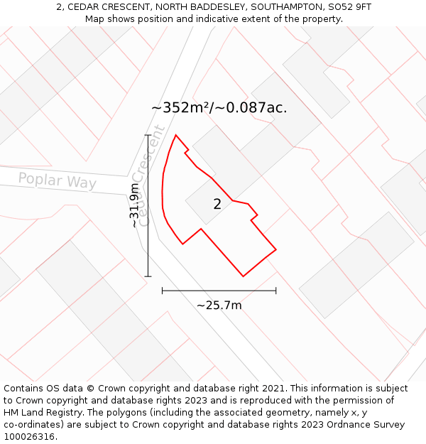 2, CEDAR CRESCENT, NORTH BADDESLEY, SOUTHAMPTON, SO52 9FT: Plot and title map