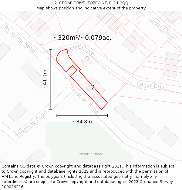 2, CEDAR DRIVE, TORPOINT, PL11 2QQ: Plot and title map