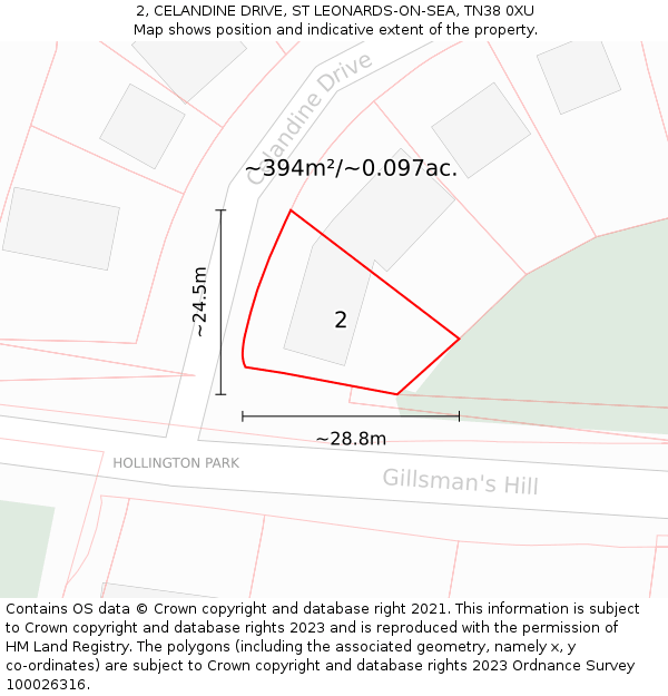 2, CELANDINE DRIVE, ST LEONARDS-ON-SEA, TN38 0XU: Plot and title map
