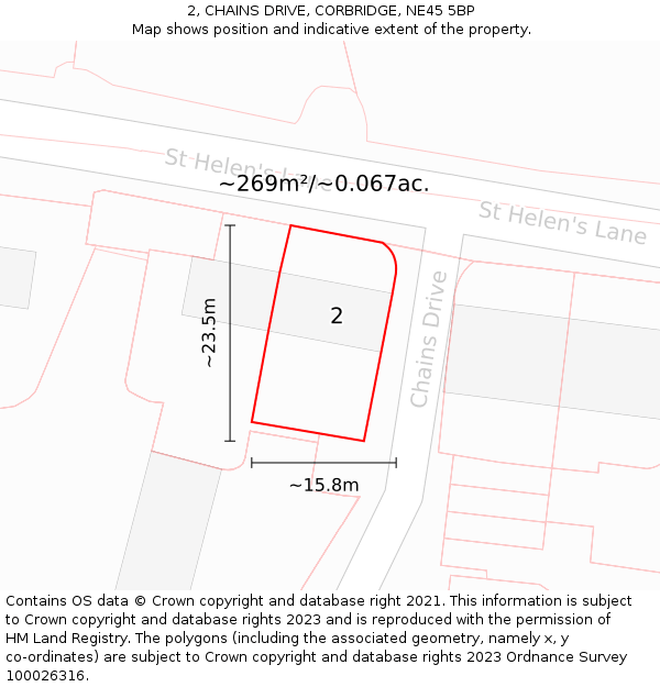 2, CHAINS DRIVE, CORBRIDGE, NE45 5BP: Plot and title map