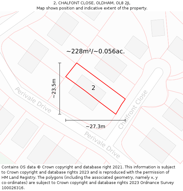 2, CHALFONT CLOSE, OLDHAM, OL8 2JL: Plot and title map