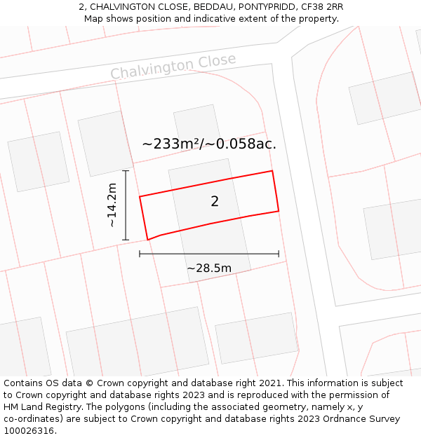 2, CHALVINGTON CLOSE, BEDDAU, PONTYPRIDD, CF38 2RR: Plot and title map
