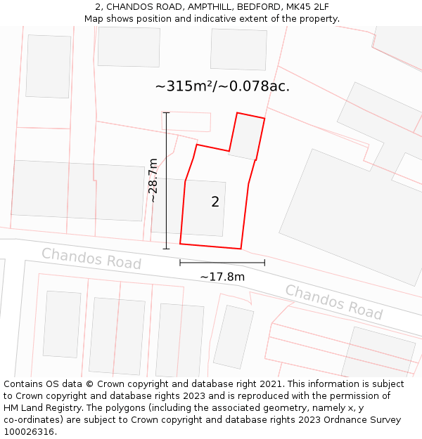 2, CHANDOS ROAD, AMPTHILL, BEDFORD, MK45 2LF: Plot and title map