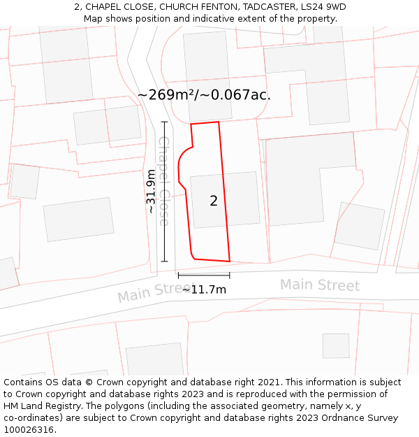2, CHAPEL CLOSE, CHURCH FENTON, TADCASTER, LS24 9WD: Plot and title map