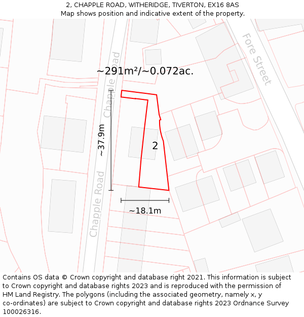 2, CHAPPLE ROAD, WITHERIDGE, TIVERTON, EX16 8AS: Plot and title map