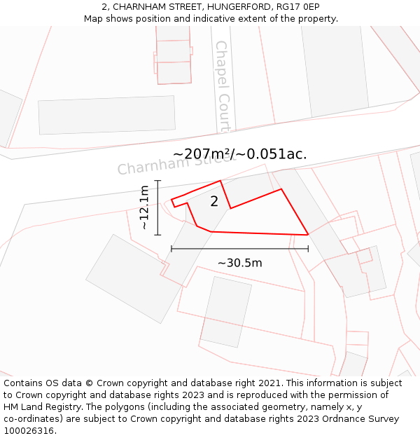 2, CHARNHAM STREET, HUNGERFORD, RG17 0EP: Plot and title map
