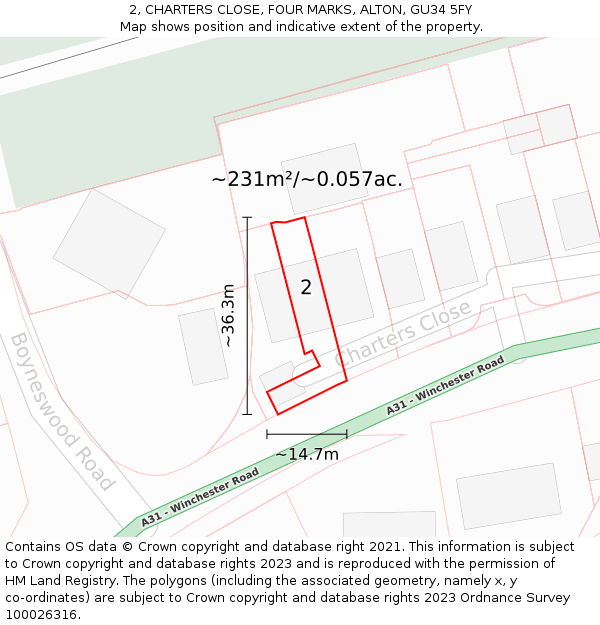2, CHARTERS CLOSE, FOUR MARKS, ALTON, GU34 5FY: Plot and title map