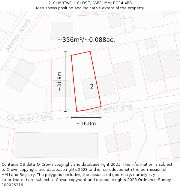 2, CHARTWELL CLOSE, FAREHAM, PO14 4RD: Plot and title map