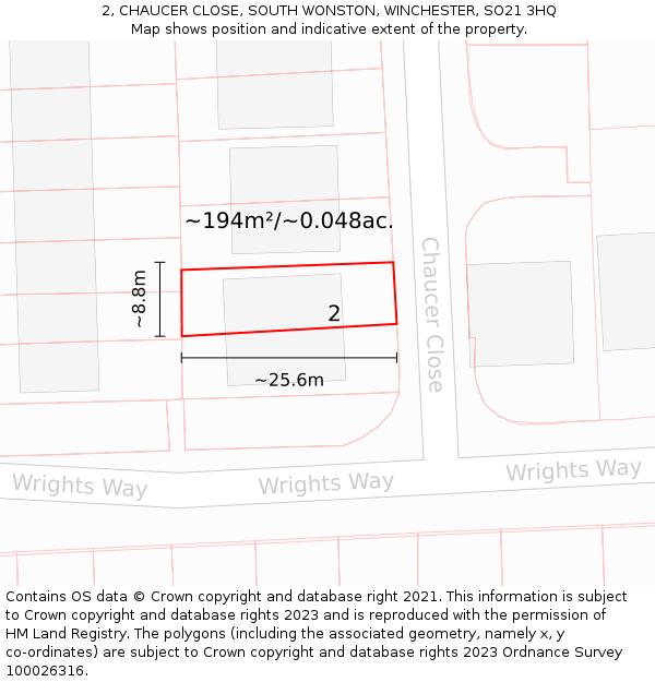 2, CHAUCER CLOSE, SOUTH WONSTON, WINCHESTER, SO21 3HQ: Plot and title map