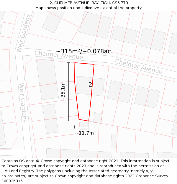 2, CHELMER AVENUE, RAYLEIGH, SS6 7TB: Plot and title map