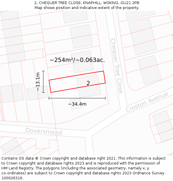 2, CHEQUER TREE CLOSE, KNAPHILL, WOKING, GU21 2PB: Plot and title map