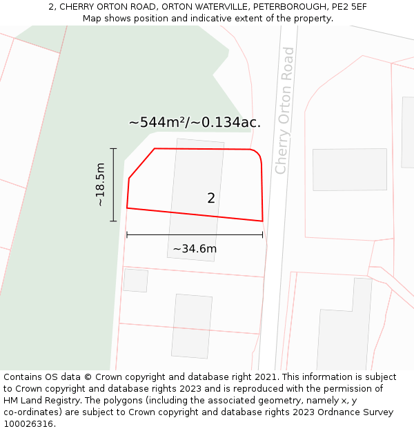 2, CHERRY ORTON ROAD, ORTON WATERVILLE, PETERBOROUGH, PE2 5EF: Plot and title map