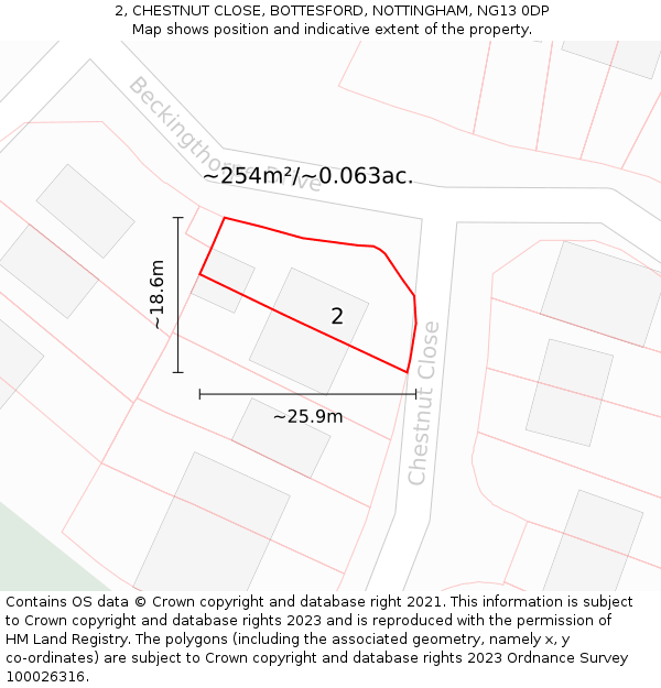 2, CHESTNUT CLOSE, BOTTESFORD, NOTTINGHAM, NG13 0DP: Plot and title map