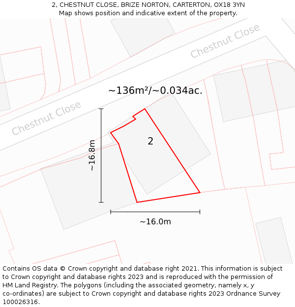 2, CHESTNUT CLOSE, BRIZE NORTON, CARTERTON, OX18 3YN: Plot and title map