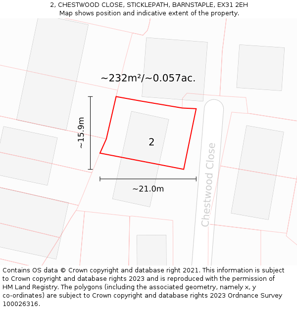 2, CHESTWOOD CLOSE, STICKLEPATH, BARNSTAPLE, EX31 2EH: Plot and title map