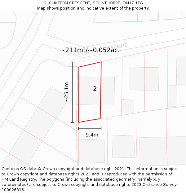 2, CHILTERN CRESCENT, SCUNTHORPE, DN17 1TG: Plot and title map