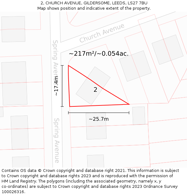 2, CHURCH AVENUE, GILDERSOME, LEEDS, LS27 7BU: Plot and title map