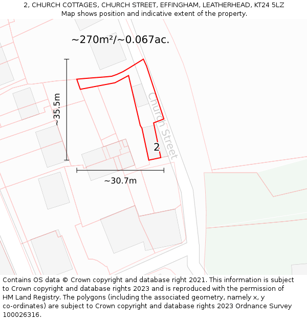 2, CHURCH COTTAGES, CHURCH STREET, EFFINGHAM, LEATHERHEAD, KT24 5LZ: Plot and title map