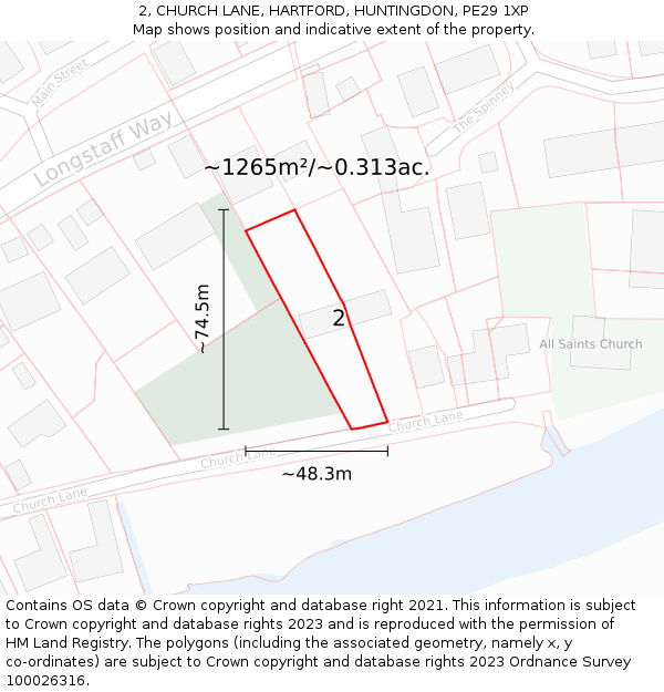 2, CHURCH LANE, HARTFORD, HUNTINGDON, PE29 1XP: Plot and title map