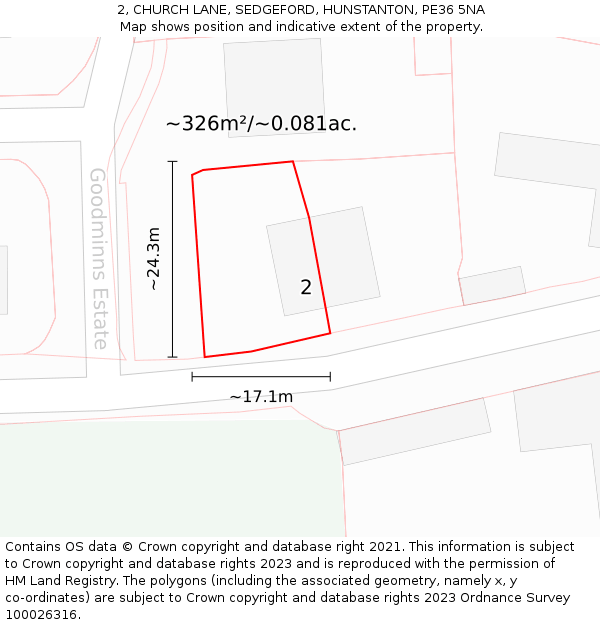 2, CHURCH LANE, SEDGEFORD, HUNSTANTON, PE36 5NA: Plot and title map