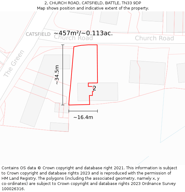 2, CHURCH ROAD, CATSFIELD, BATTLE, TN33 9DP: Plot and title map