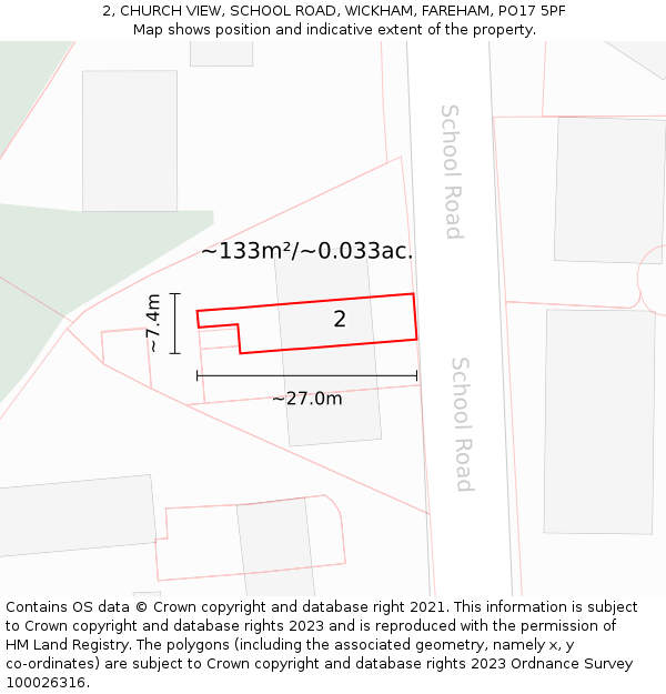 2, CHURCH VIEW, SCHOOL ROAD, WICKHAM, FAREHAM, PO17 5PF: Plot and title map