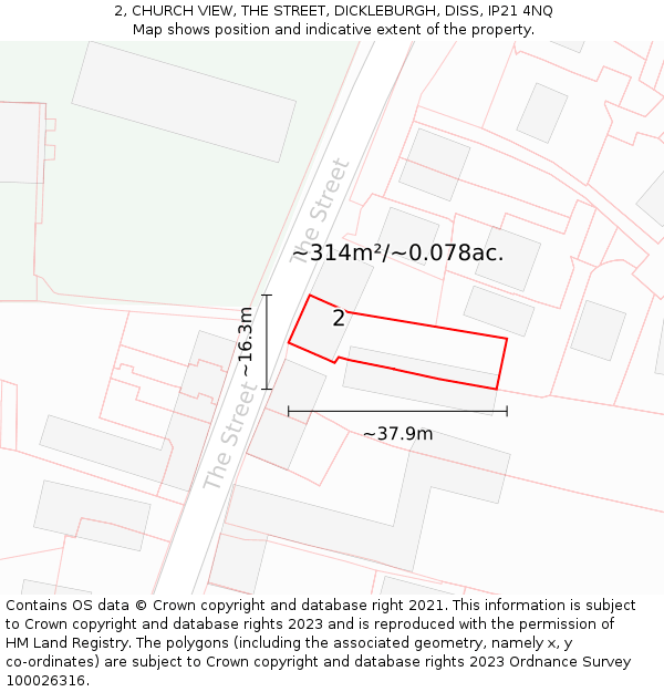 2, CHURCH VIEW, THE STREET, DICKLEBURGH, DISS, IP21 4NQ: Plot and title map